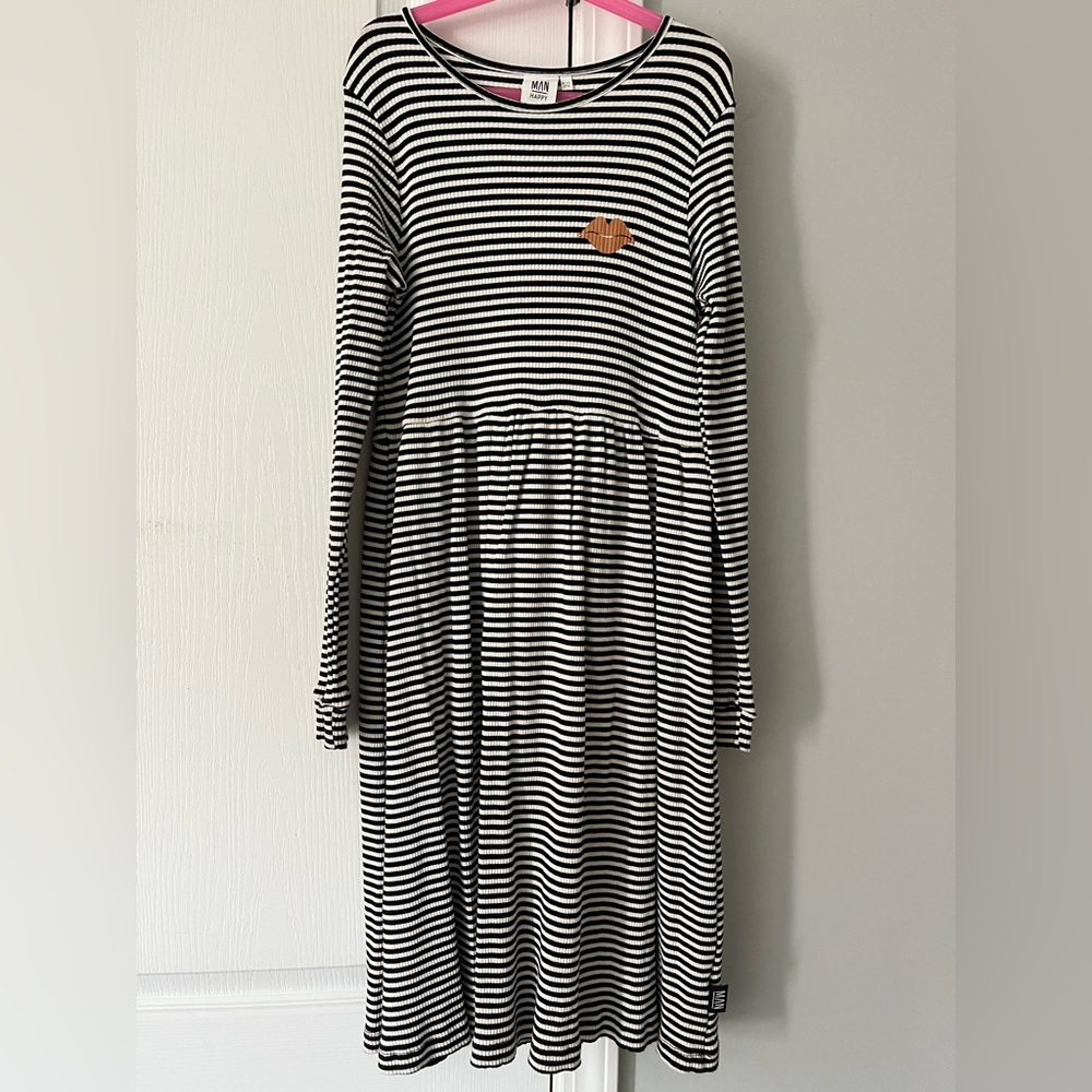 Little Man Happy Black and White Striped Long Sleeve Dress